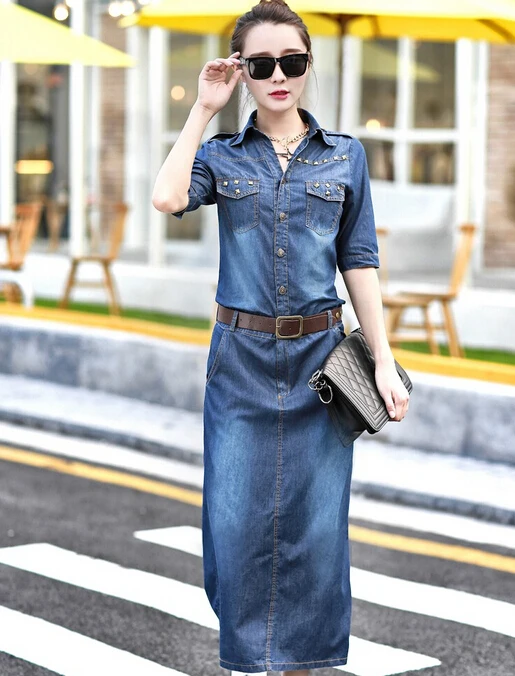 Весеннее женское джинсовое платье летнее с коротким рукавом и отворотом макси