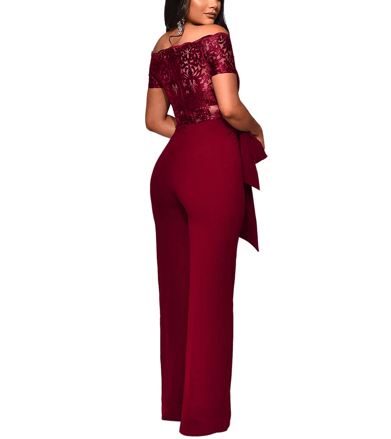 

Off Shoulder Long Jumpsuit Woman Loose Embroidered Solid Drawsting Lace Top Loose Leg Jumpsuit 2019 Ladies Elegant Long Bodysuit