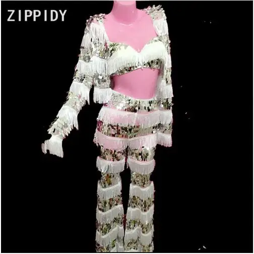 

Fashion White Tassel Sequins Mesh Bra Jacket Pants Female Singer Dancer Wear 3-Piece Clothes Set Nightclub Prom Party Wear Set