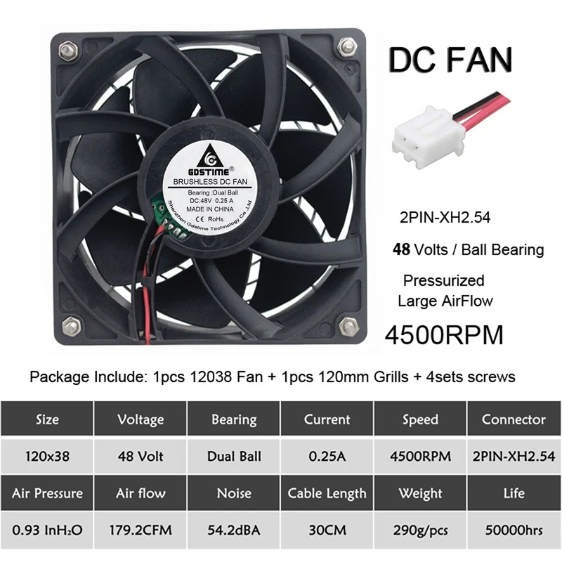 48V Ball 4500RPM Gdstime Вентилятор охлаждения 120 мм 12 см 12038 мм x 120 мм x 38 мм чехол для компьютера вентилятор 12 В 24 в 48 в 120 в 110 в 115 в 220 в 240 В шариковый охлаждающий кулер - Цвет лезвия: 48V Ball 4500RPM