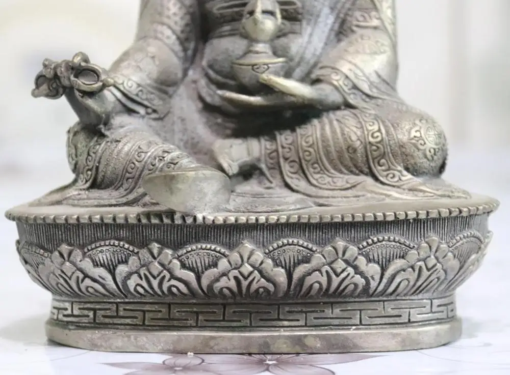 Tibet Buddhism White Copper Silver Fane Lotus Padmasambhava Master Buddha Statue | Дом и сад