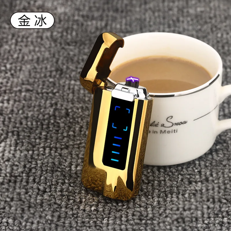 Gold Сенсорная Индукционная электрическая зажигалка с дисплеем питания USB Электронная зажигалка для сигарет металлическая двойная дуговая плазменная зажигалка ветрозащитный подарок - Цвет: Gold