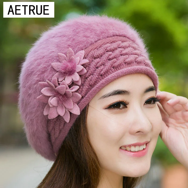 Облегающие шапки женские меховые зимние берет вязаные для девочек брендовые