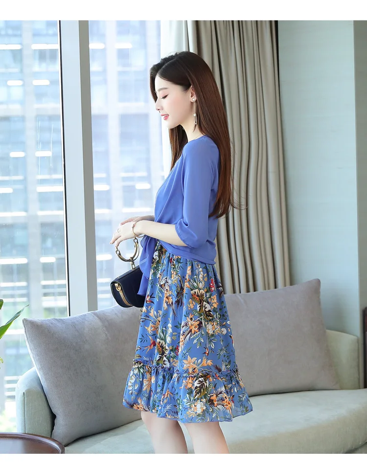 Elegant Floral Chiffon Two Piece Set Dresses Summer Vintage 4XL Plus Size Print Midi Sundress Women Bodycon Party Vestidos