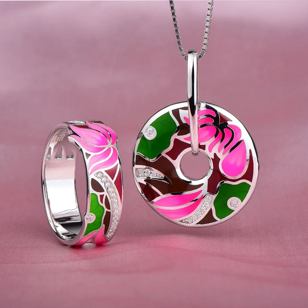 Женский кулон с эмалью лотоса RainMarch на цепочке или колье из подлинного серебра 925