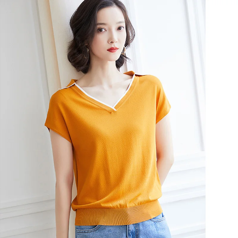 yellow 019 летние элегантные трикотажные топы, футболки с коротким рукавом, однотонные футболки с v-образным вырезом, облегающий пуловер, повседневная женская футболка, XZ067 - Цвет: yellow