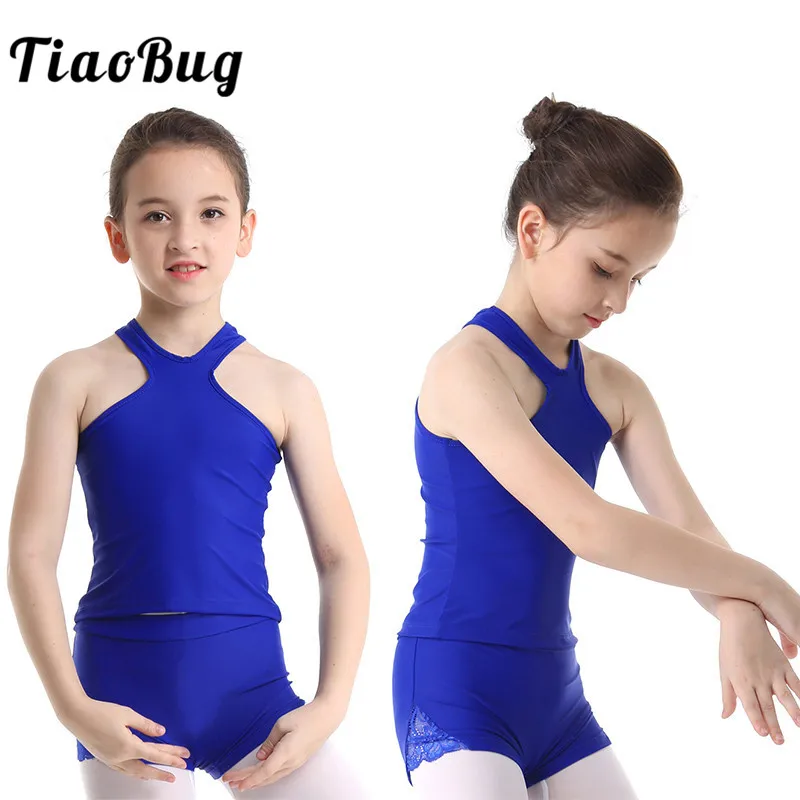 

TiaoBug Kids Teens Ballet Gymnastics Dance Costume Lace Side Shorts with Racerback Tops Children Girl Two-piece Sports Dance Set