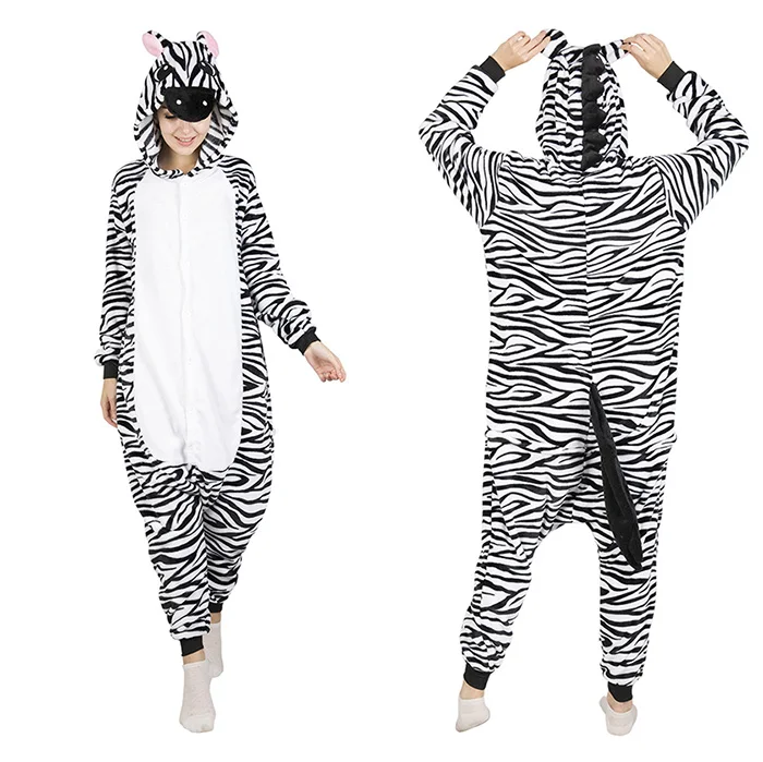 Zebra Pajamas KIGUCOS, все в одном, зимняя теплая Пижама, мультяшный единорог, комбинезон, цельная Пижама, пижама с капюшоном, одежда для сна, кугуруми, пижама с животными для женщин - Цвет: Zebra Pajamas