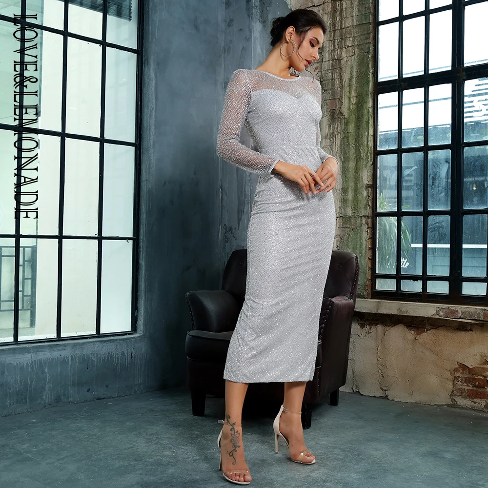 Платье до середины икры LOVE &amp LEMONADE темно-синее приклеенное платье с 0-образным