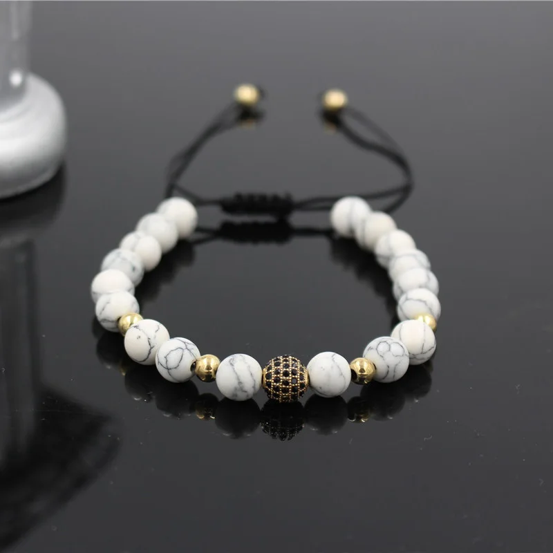 8 мм белый камень Howlite и паве CZ Медный шарик плетеный браслет из бисера макраме
