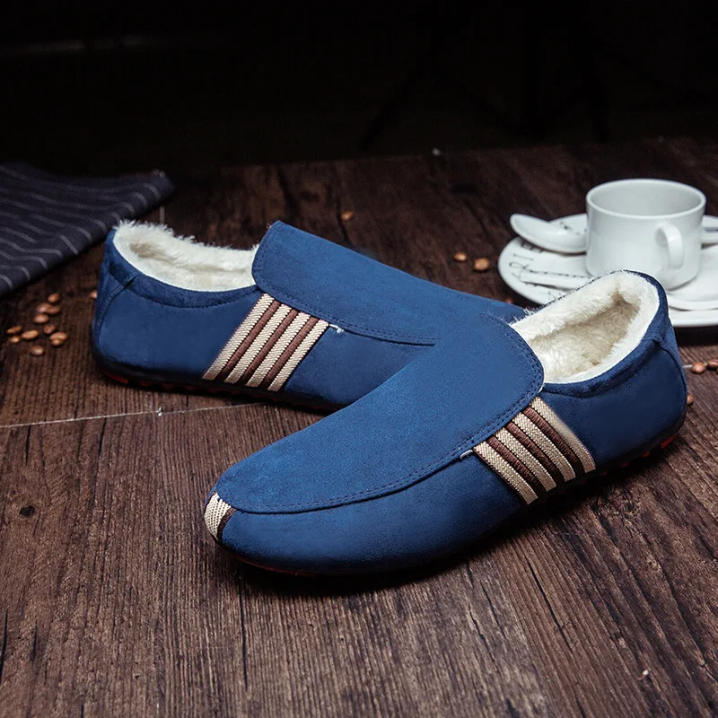 Мокасины мужские зимние плюшевые лоферы без застежки повседневная обувь для