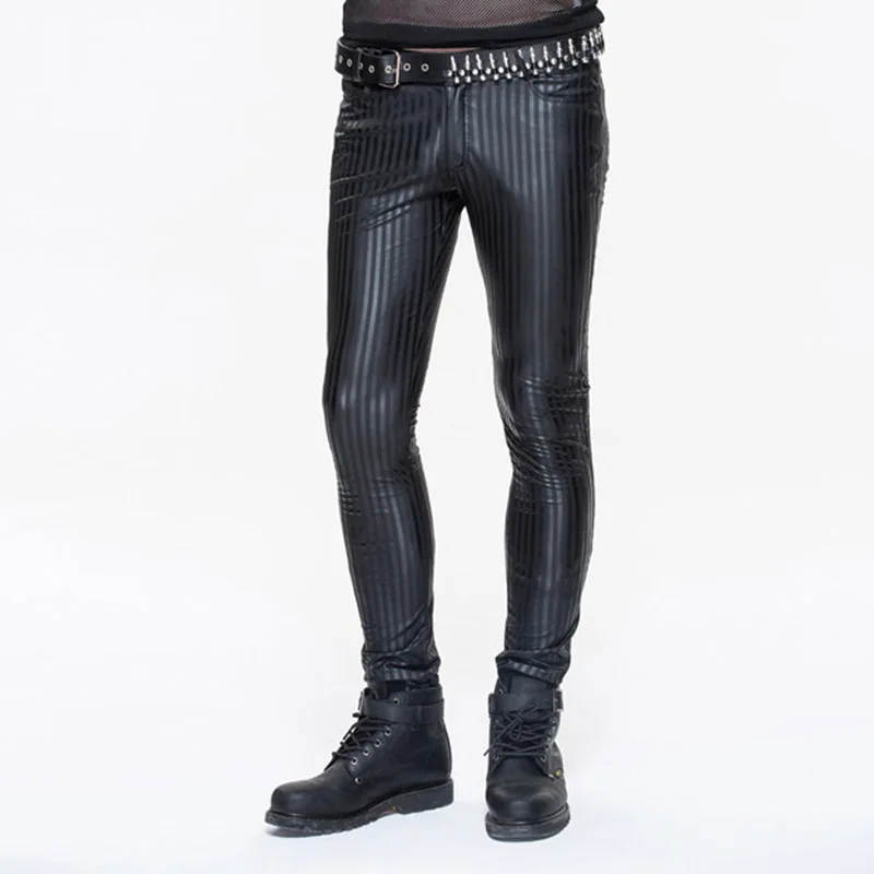 Devil Fashion Spring New Steampunk Men Casual Leather Pants Men High Waist Black Striped Trousers Men Slim Fit