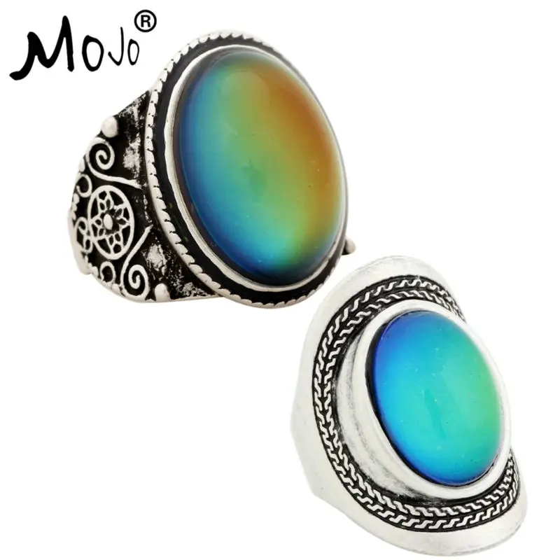 

2PCS Antique Silver Plated Color Changing Mood Rings Changing Color Temperature Emotion Feeling Rings Set For Women/Men 004-020