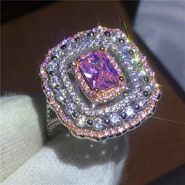 Pink Stone Bamos, кольцо с натуральным камнем AAA, циркон, милое кольцо с розовым/белым цветком, 925 серебряное заполненное обручальное кольцо для женщин, Роскошные вечерние аксессуары - Цвет основного камня: Pink Stone
