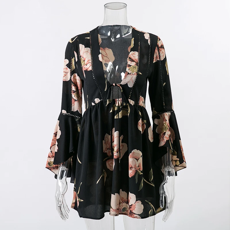 NLW Boho глубокий v-образный вырез выдолбленный платье для женщин длинный