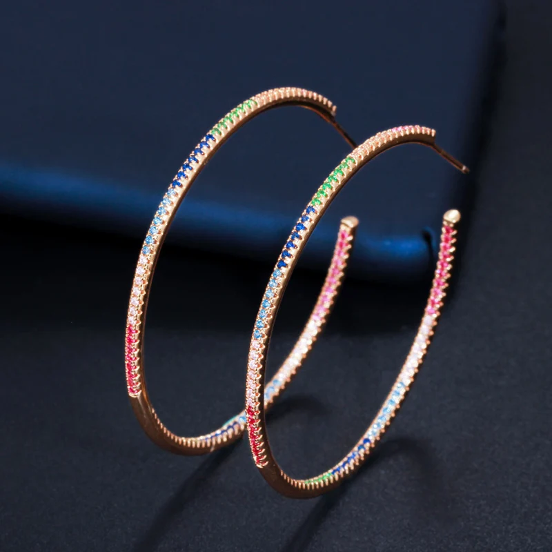 Pera Chic Colorful Cubic Zirconia Delicate Simple Rainbow Big Round Circle Gold Thin Hoop Earrings Jewelry for Women Gift E402 | Украшения