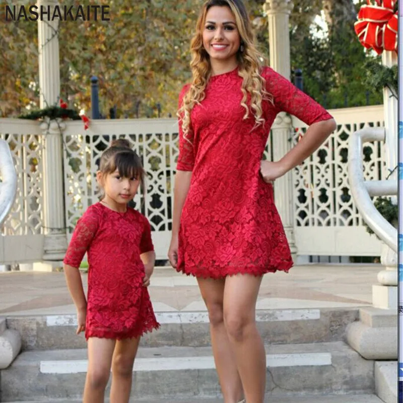 Фото NASHAKAITE/платья для мамы и дочки модное Красное Кружевное мини-платье одежда Мама я