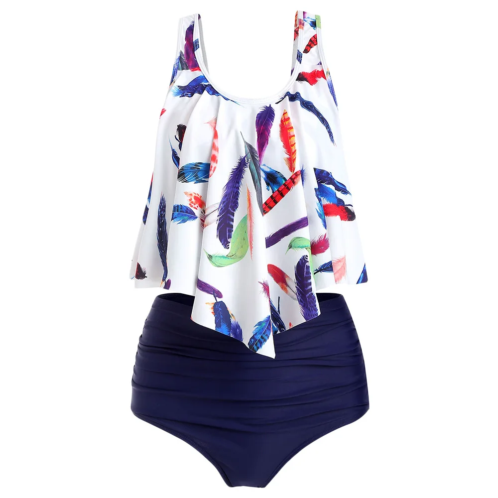 Лидер продаж Цветной купальник-танкини с воланом из перьев высокой талией