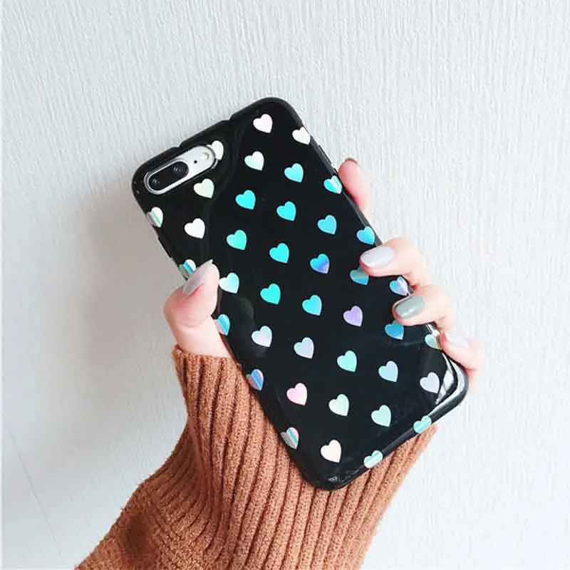 Модный Лазерный розовый черный чехол для телефона с сердечками iPhone X 7 Plus 6 6S 6Plus 8