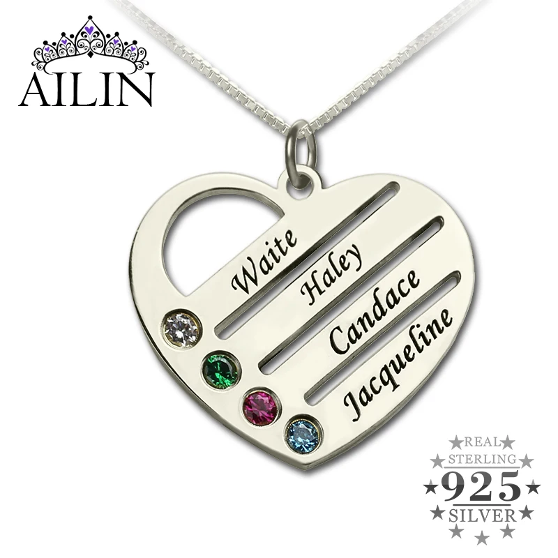 

AILIN Personalized 1-4 Family Mom Necklace with Kids Name Heart Mother Engraved Necklace 925 Silver Birthstone Christmas Jewelry