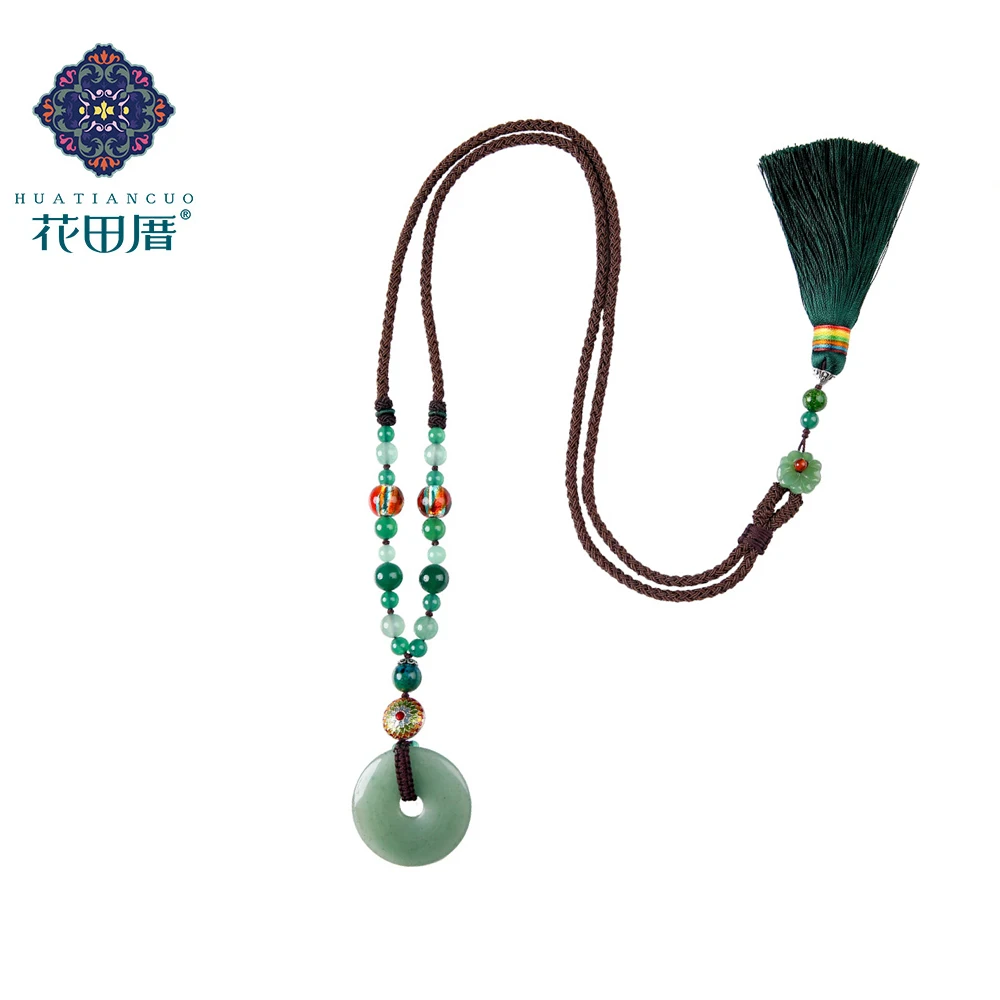 

Ethnic Tassel Handmade Pendant Necklace Round J ade Dripping oil Alloy Colored Glass Bead Rope Chain Female Accessories CL-17050