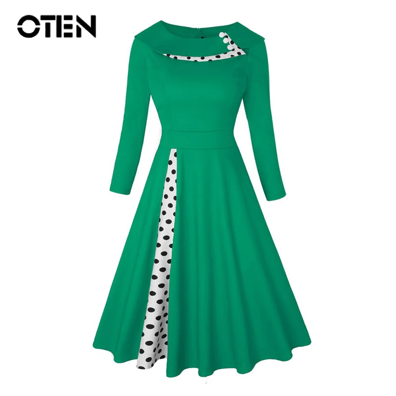 OTEN женские винтажные Ретро 50s 60s с длинным рукавом рокабилли pin up двухслойные в горошек с принтом Одри Хепберн vestido миди платья