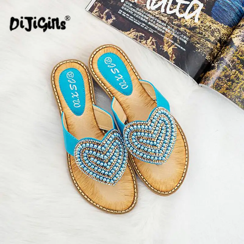 Шлепанцы женские с жемчугом пляжные сандалии сердечками плоская подошва