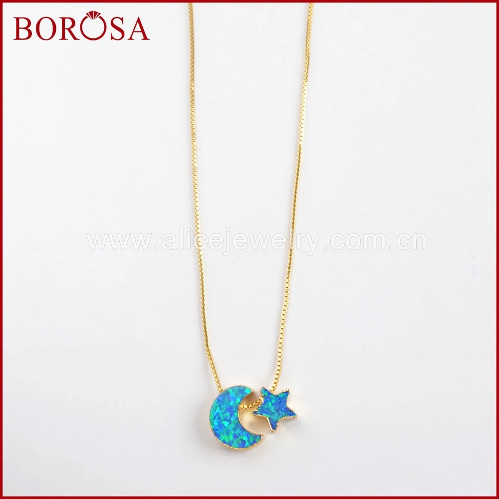 BOROSA New Arrivals! 5PCS 17inch Crescent& Star Gold Color Gems Man-made Opal Pendant Beads Necklace women Jewelry G1573