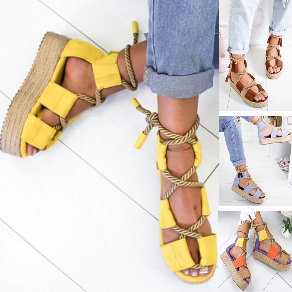 Летние женские сандалии из пеньковой ткани на плоской платформе пляжная обувь