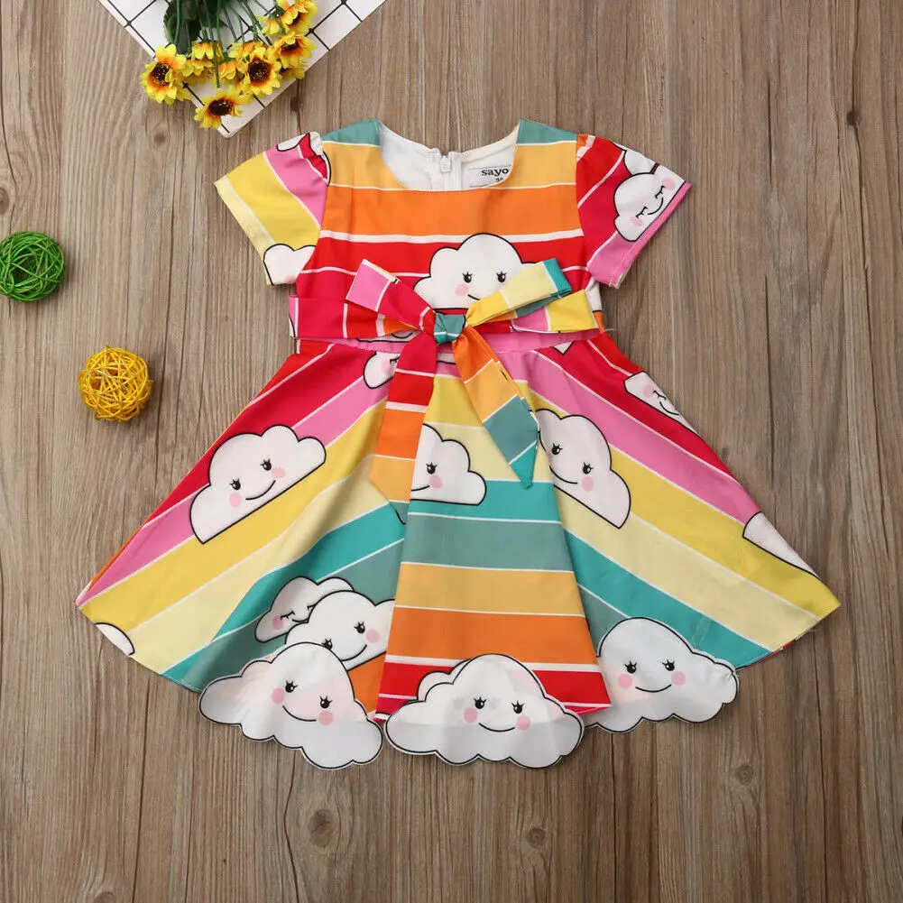 Princess Toddler Kids Baby Girl Rainbow Print Bow Formal Pageant Party Dress Clothes | Детская одежда и обувь