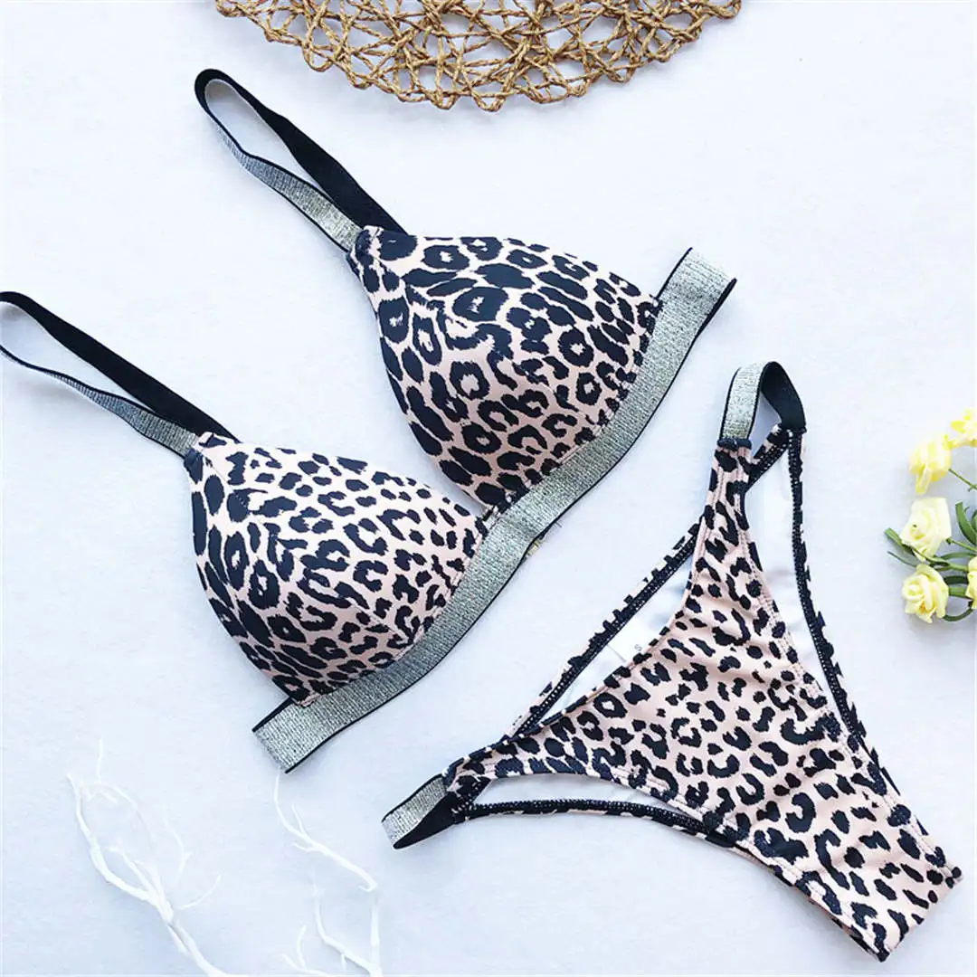 Khaki Leopard Блестящее Бразильское бикини с перекрестной спинкой, пуш-ап купальник, женский купальник, Женский комплект бикини из двух предметов, купальный костюм V1301 - Цвет: Khaki Leopard
