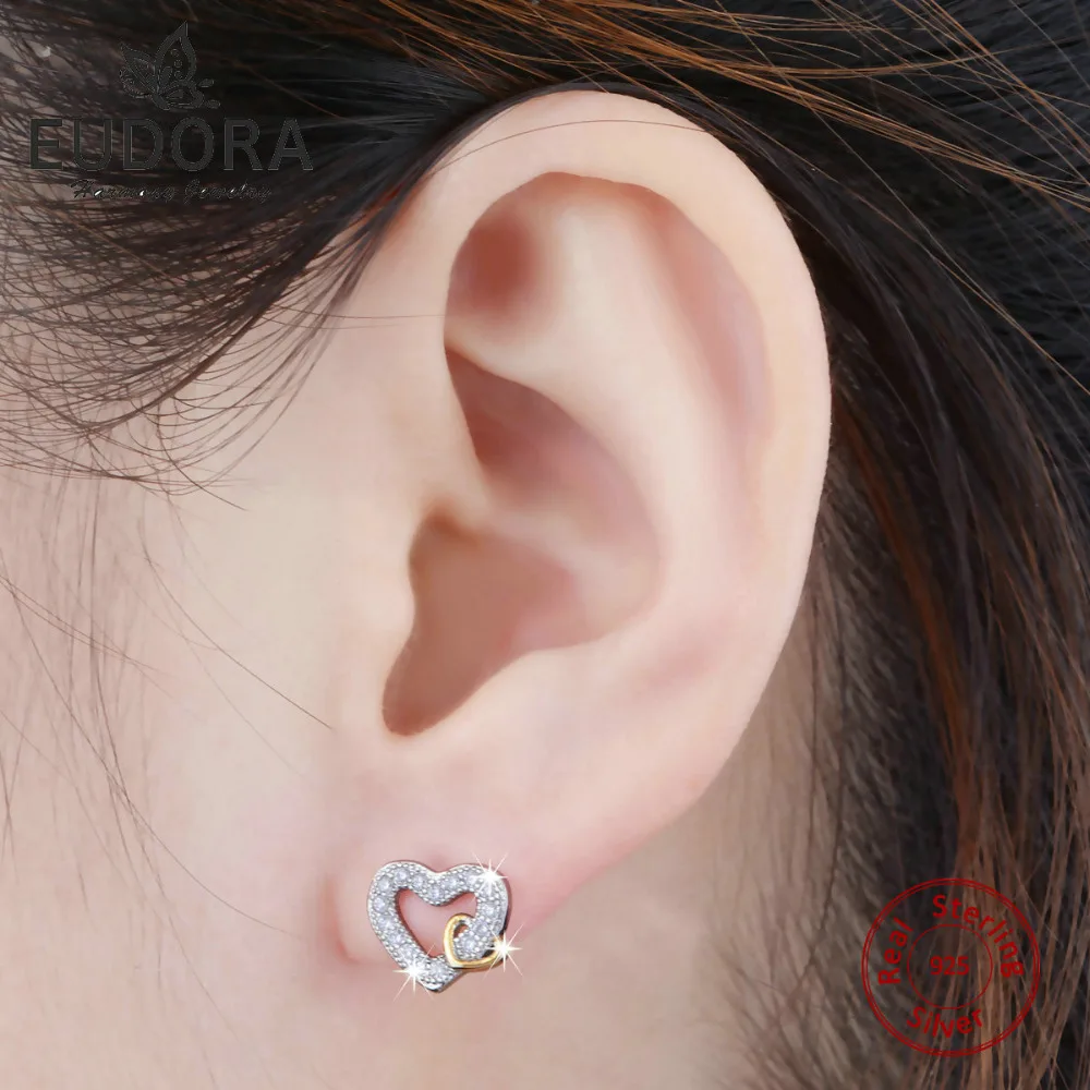 Серьги пусеты с двойным сердечком из серебра 925 пробы модные серьги микро