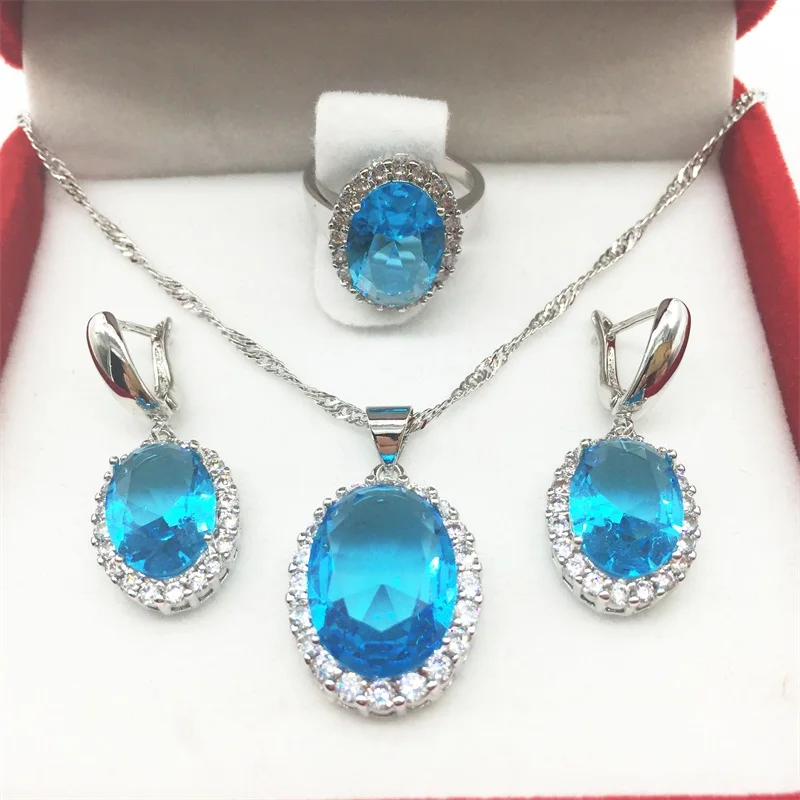 Морской синий цвет белый циркон Ювелирные наборы 925 серебряные