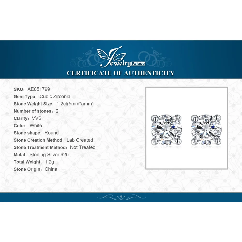 Jewelrypalace круглый 1ct чистый стерлингового серебра 925 пробы Серьги-гвоздики для Для