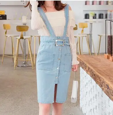Light Blue Women'S Skirt High Waist Suspender Denim Skirts With Sashes Spring Summer Elastic Student Jumper Overall Skirts Female - Цвет: Light Blue