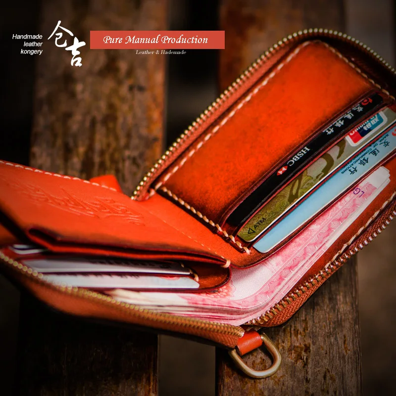 Кожаный кошелек ручной работы унисекс короткий бумажник на молнии в винтажном