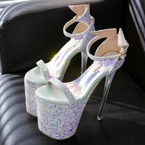 LLXF/летние модные женские босоножки на шпильке 20 см; zapatos; большие размеры 34-41, 42, 43 пикантные туфли с блестками вечерние туфли-лодочки - Цвет: Белый