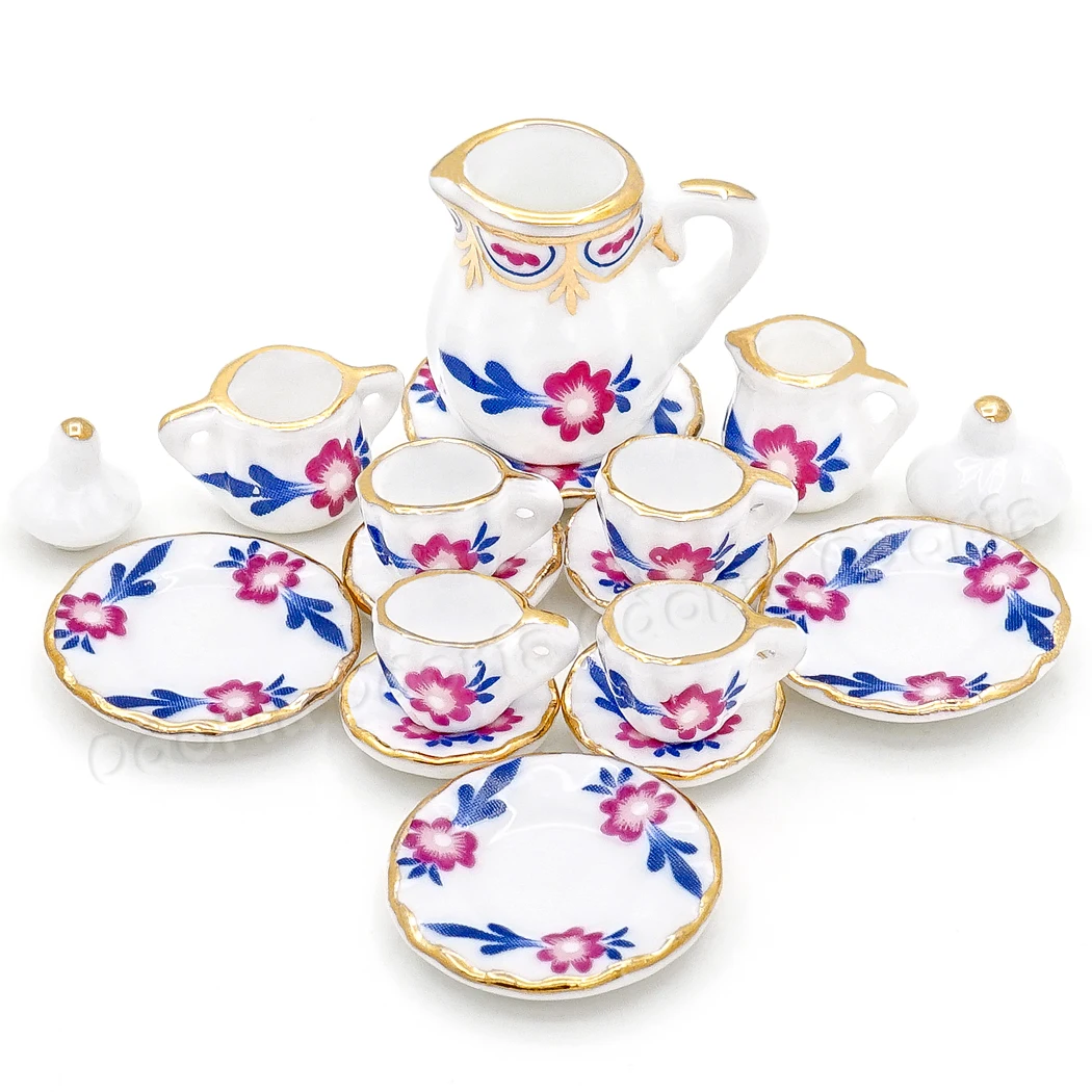 Blue Purple Flower Odoria 1:12, миниатюрный набор фарфоровых чайных чашек 15 шт., чайный набор, чайный набор с цветами, посуда для кухни, кукольный домик(14 узоров на ваш выбор - Цвет: Blue Purple Flower