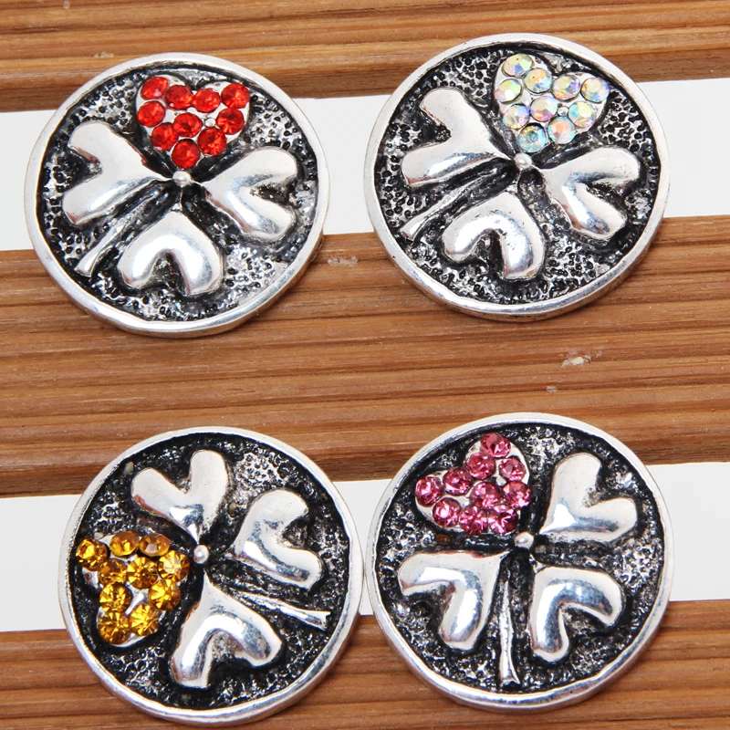 Fashion beauty charm rhinestone colorful Clover 18MM snap buttons fit snap bracelet snap jewelry wholesale KZ1202