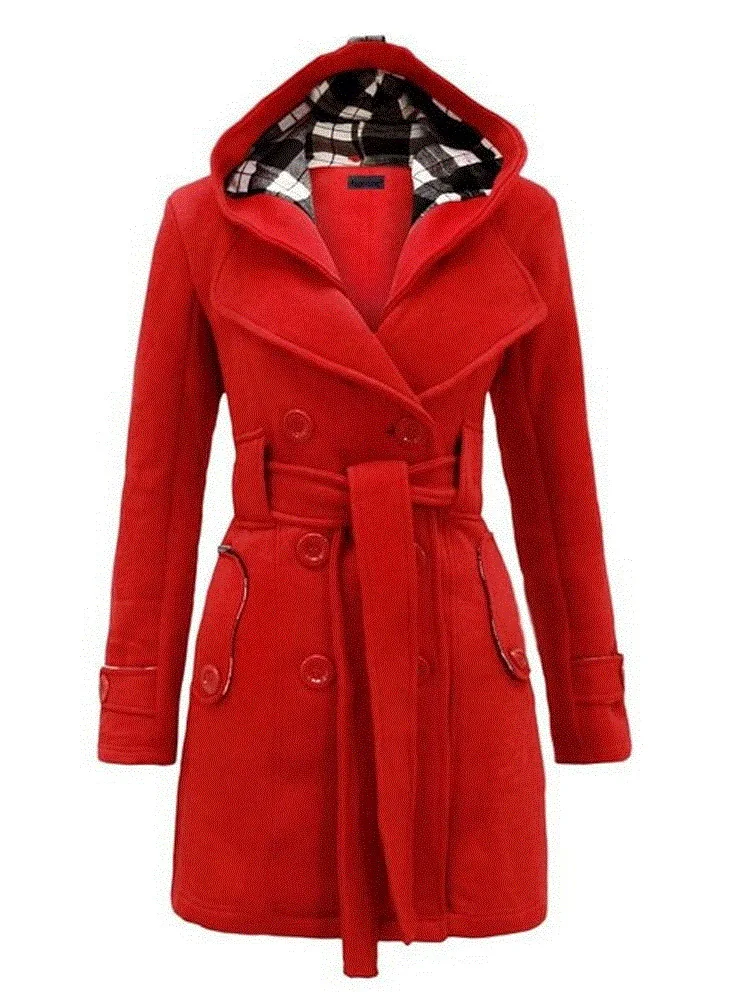 Зимнее женское Новое клетчатое пальто с капюшоном поясом двубортное длинное 203 |