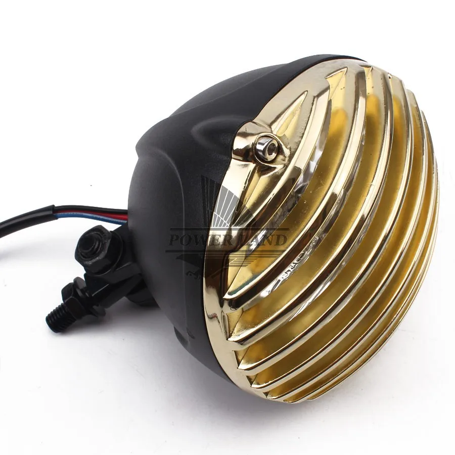 Motorcycle Universal For HD Cafe Chopper Racer Metal Finned Grill Clear Lens H4 Headlight Old School Scalloped Vintage |