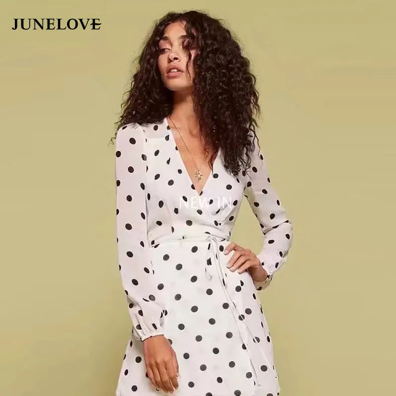 JuneLove/2018 весеннее Повседневное платье в горошек с v образным вырезом и поясом