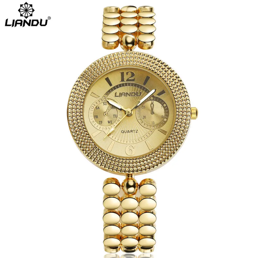 LIANDU Новый Мода Дамы Роскошные Золотые Кварцевые Наручные Часы Женщины браслеты