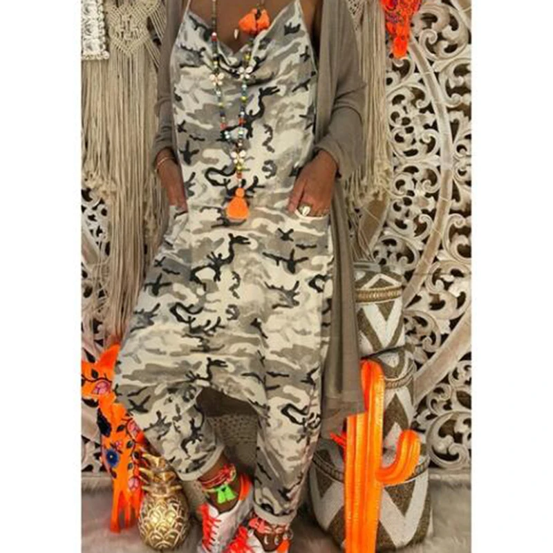Летние женские сексуальные комбинезоны с камуфляжным принтом на бретельках