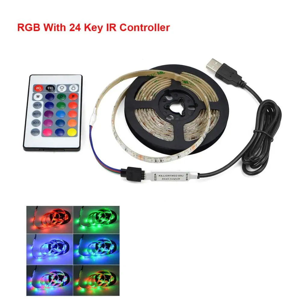 RGB 24Key Control 3528 Светодиодная лента USB, светильник, 5 В, изменяющая цвет, лента, водонепроницаемая, белая/теплая, 1 м, 2 м, 3 м, 4 м, 5 м, RGB, RF или IR контроллер, сделай сам - Испускаемый цвет: RGB 24Key Control