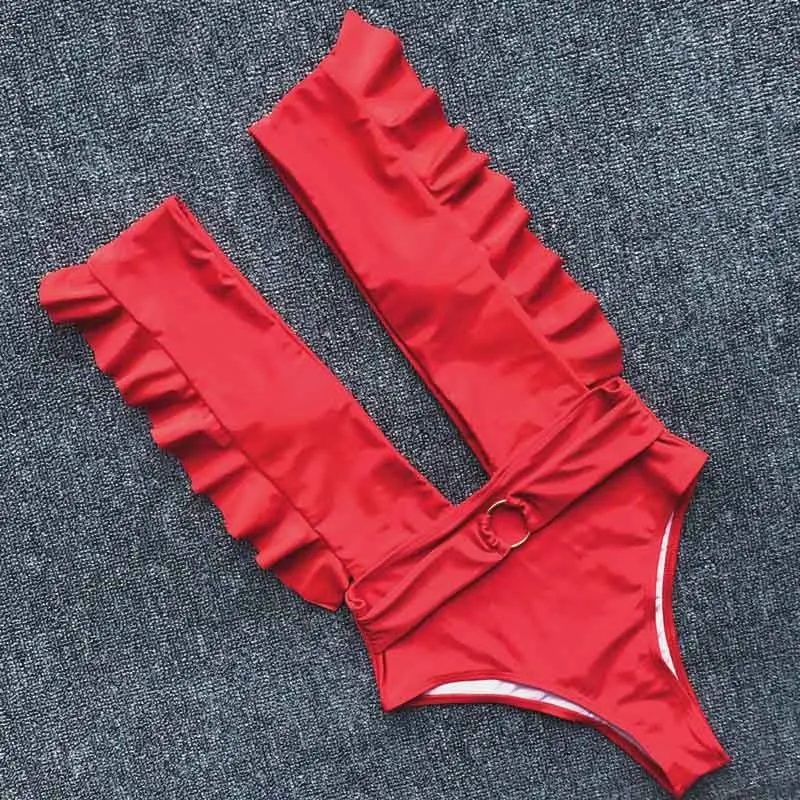 Сексуальный цельный купальник с оборками новинка 2019 глубокий v-образный вырез