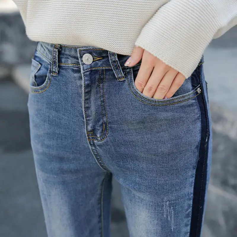 Джинсы клеш Женские в полоску модные брюки из денима Винтажные эластичные синие