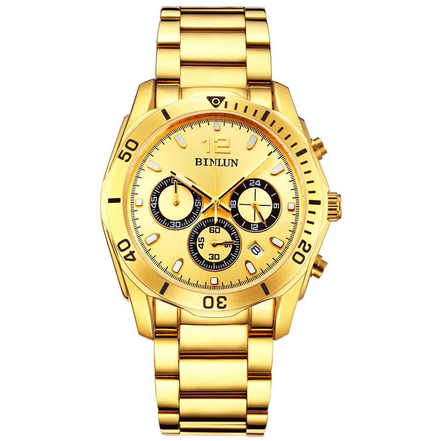 Золотой BINLUN Daytona часы мужские спортивные часы водонепроницаемые нержавеющая сталь хронограф 3 циферблата Дата дисплей мужские кварцевые наручные часы - Цвет: Золотой