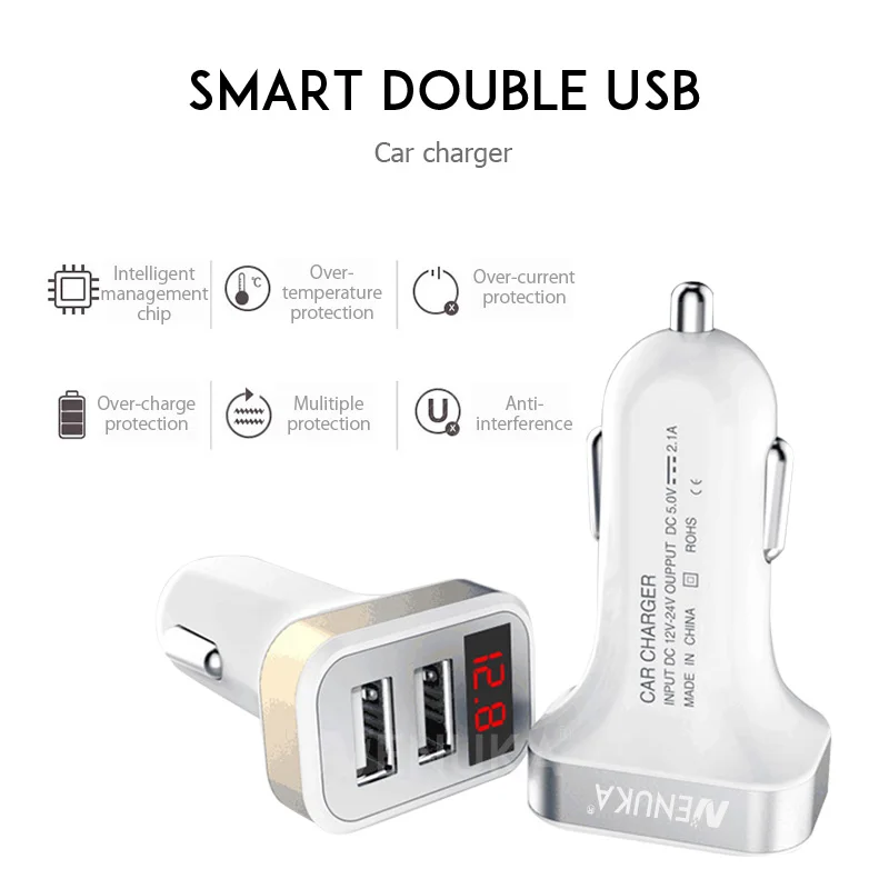 Ненука 2A автомобиля Зарядное устройство с двумя портами USB с светодиодный Дисплей Напряжение тока низкого Напряжение Предупреждение зарядки для samsung для iphone автомобиля Зарядное устройство