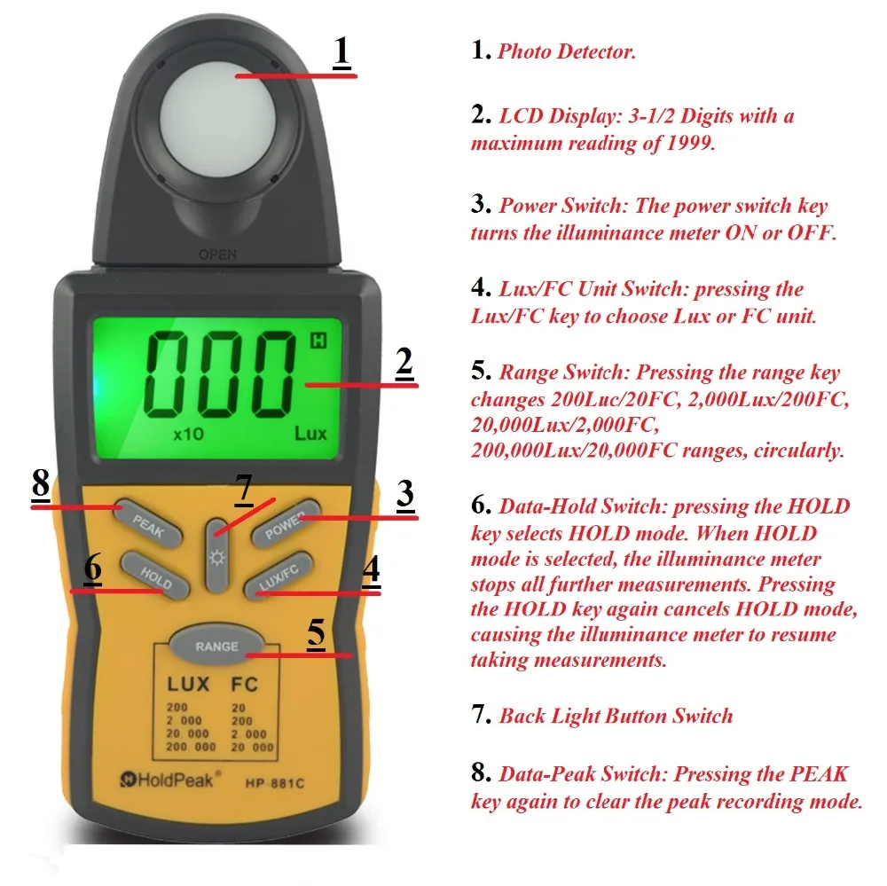 HoldPeak HP 881C 1 до 200000 лк метр Digital Light Meter со съемной Фото детектор цифровой фотометр